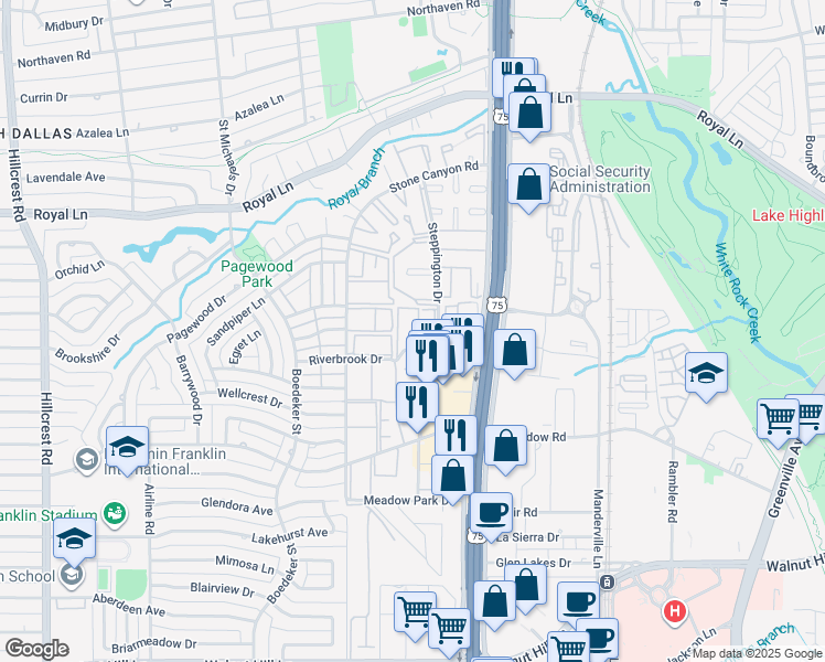 map of restaurants, bars, coffee shops, grocery stores, and more near 7879 Riverfall Drive in Dallas