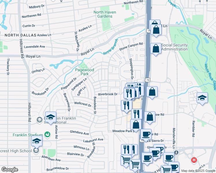 map of restaurants, bars, coffee shops, grocery stores, and more near Stone Canyon Road in Dallas