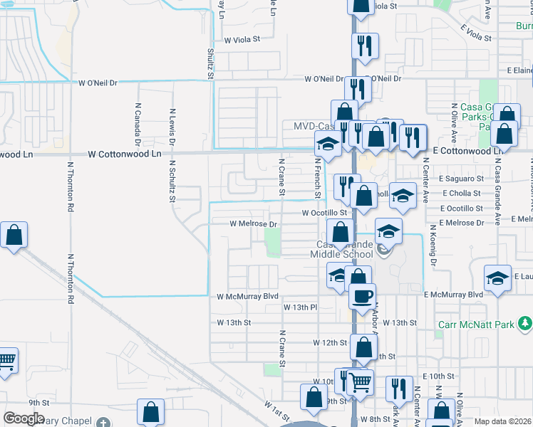 map of restaurants, bars, coffee shops, grocery stores, and more near 550 West Melrose Drive in Casa Grande