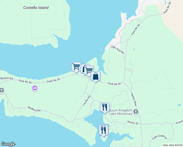 map of restaurants, bars, coffee shops, grocery stores, and more near 1712 Park Road 36 in Graford