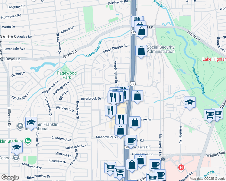 map of restaurants, bars, coffee shops, grocery stores, and more near 10501 Steppington Drive in Dallas