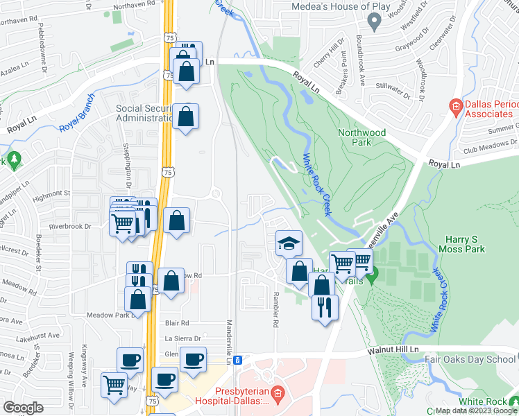 map of restaurants, bars, coffee shops, grocery stores, and more near Meadow Road in Dallas