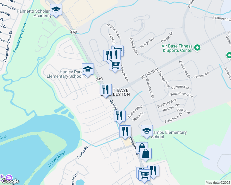 map of restaurants, bars, coffee shops, grocery stores, and more near in North Charleston