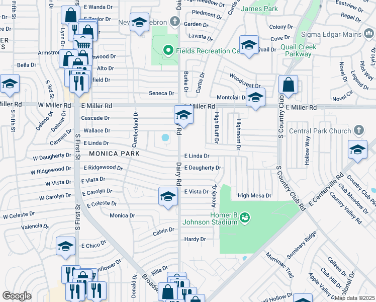 map of restaurants, bars, coffee shops, grocery stores, and more near 818 East Linda Drive in Garland