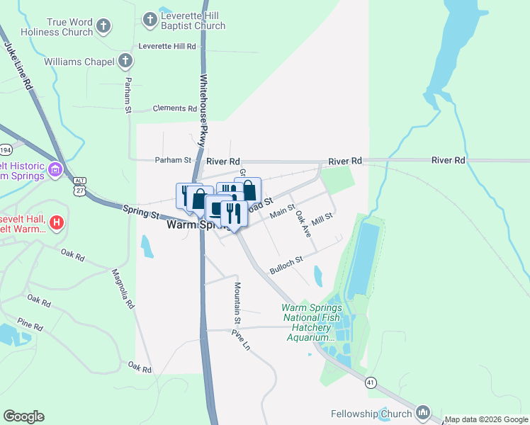 map of restaurants, bars, coffee shops, grocery stores, and more near 216 Broad Street in Warm Springs