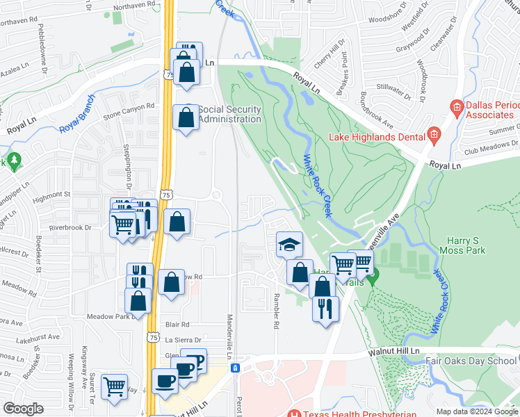 map of restaurants, bars, coffee shops, grocery stores, and more near Meadow Road in Dallas