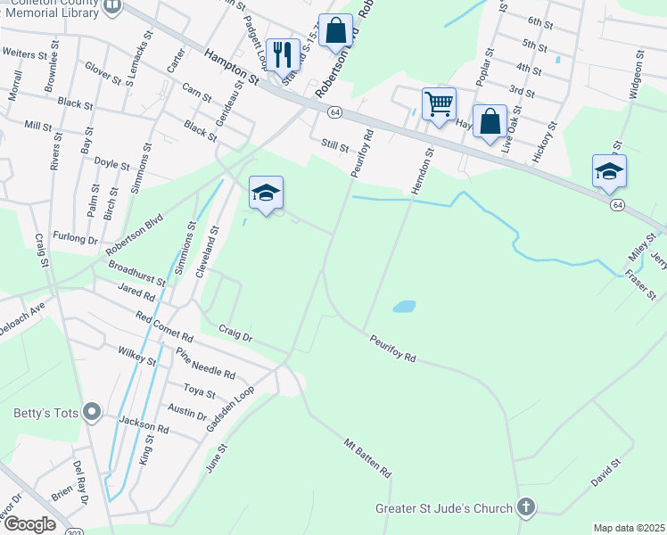 map of restaurants, bars, coffee shops, grocery stores, and more near 509 Peurifoy Road in Walterboro