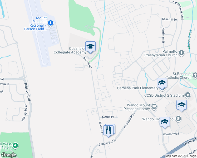 map of restaurants, bars, coffee shops, grocery stores, and more near 435 Faison Road in Mount Pleasant