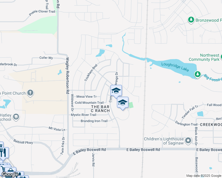 map of restaurants, bars, coffee shops, grocery stores, and more near 8205 Misty Water Drive in Fort Worth