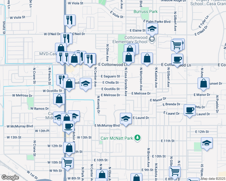 map of restaurants, bars, coffee shops, grocery stores, and more near 399 Paseo Paloma Circle in Casa Grande