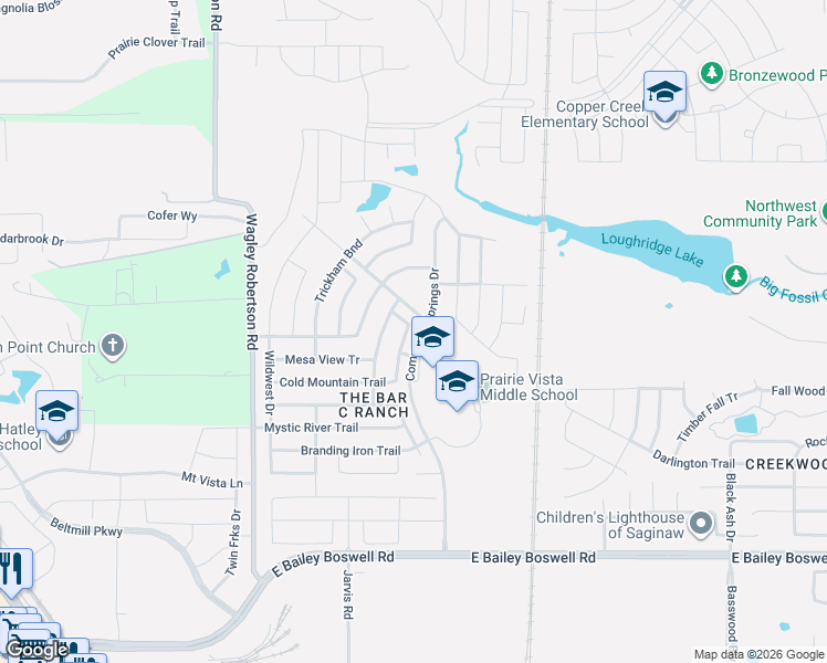 map of restaurants, bars, coffee shops, grocery stores, and more near 8205 Misty Water Drive in Fort Worth