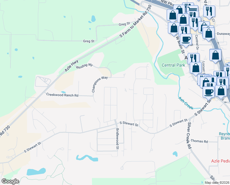 map of restaurants, bars, coffee shops, grocery stores, and more near 201 Turpin Drive in Azle