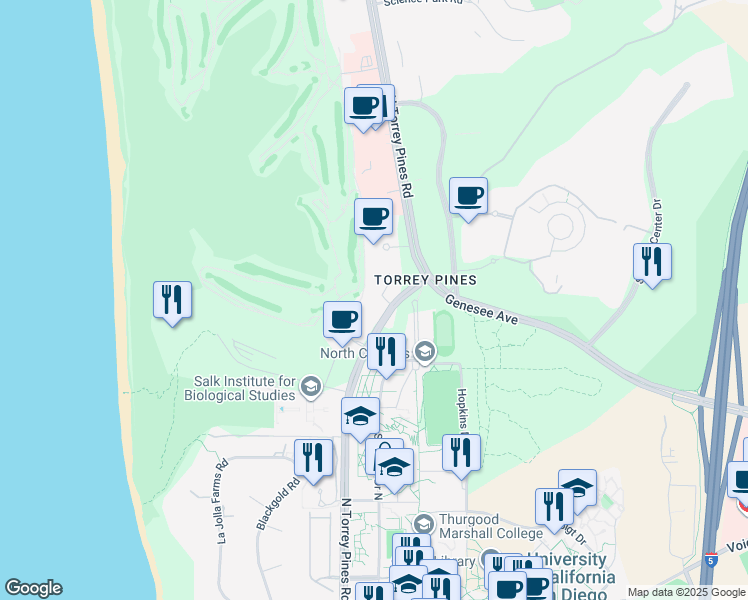 map of restaurants, bars, coffee shops, grocery stores, and more near 10300 North Torrey Pines Road in San Diego