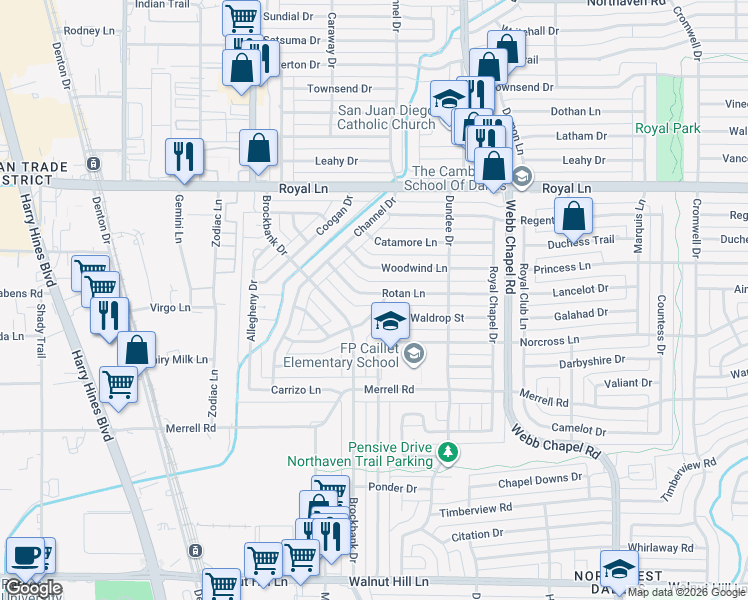 map of restaurants, bars, coffee shops, grocery stores, and more near 3028 Seymour Drive in Dallas