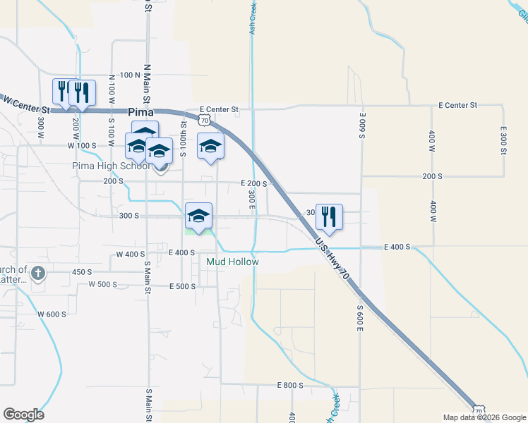 map of restaurants, bars, coffee shops, grocery stores, and more near 375 300 South in Pima