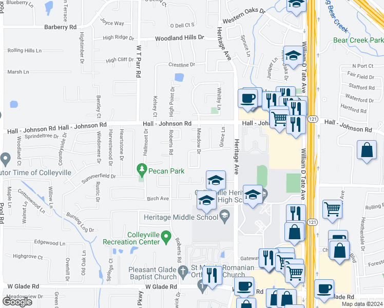 map of restaurants, bars, coffee shops, grocery stores, and more near 4201 Valleywood Drive in Grapevine