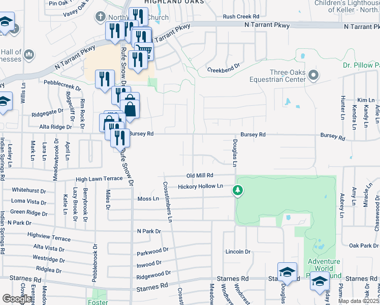 map of restaurants, bars, coffee shops, grocery stores, and more near 7713 Western Oaks Drive in North Richland Hills