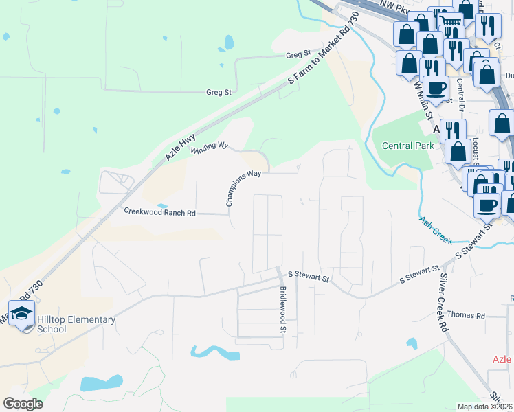 map of restaurants, bars, coffee shops, grocery stores, and more near Horseshoe Terrace in Azle