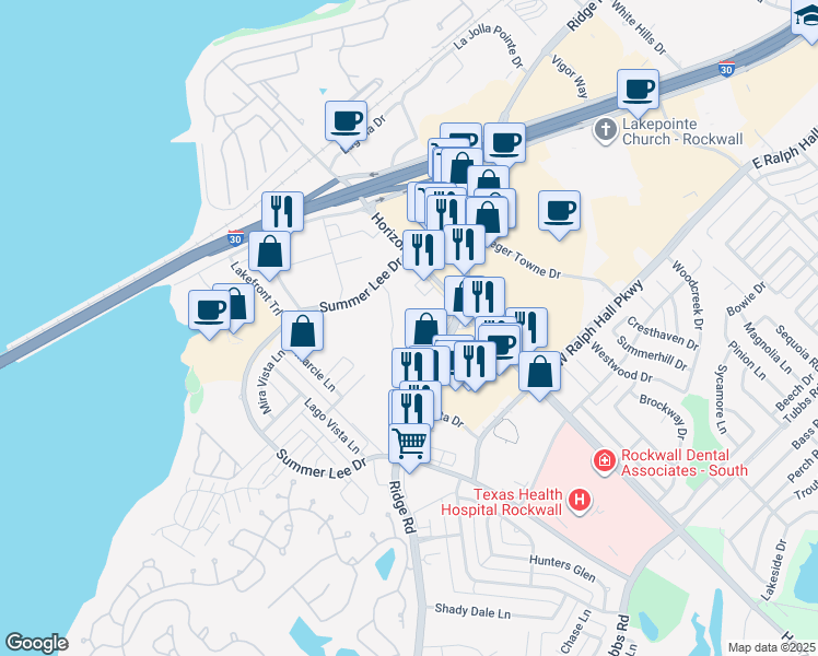 map of restaurants, bars, coffee shops, grocery stores, and more near 2500 Summer Lee Drive in Rockwall