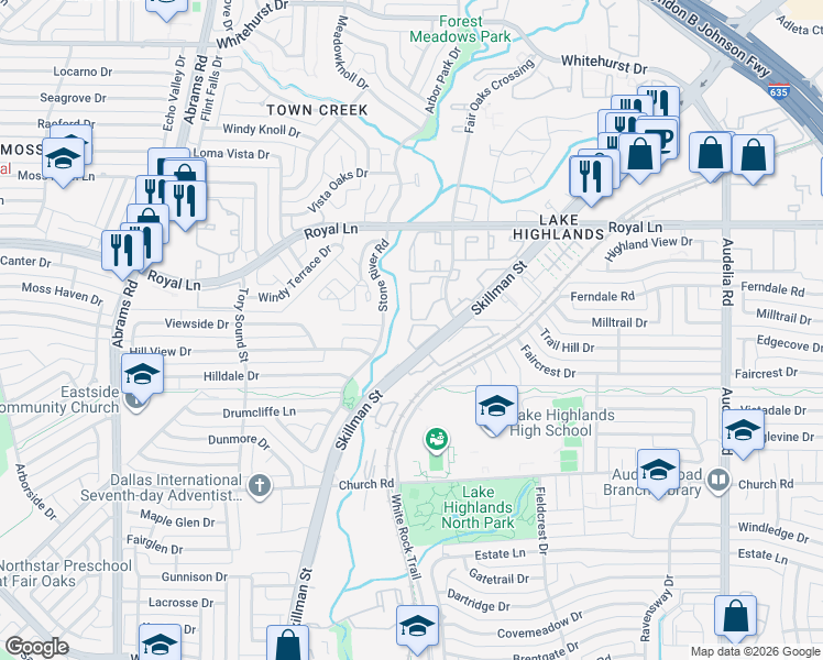 map of restaurants, bars, coffee shops, grocery stores, and more near 8023 Skillman Street in Dallas