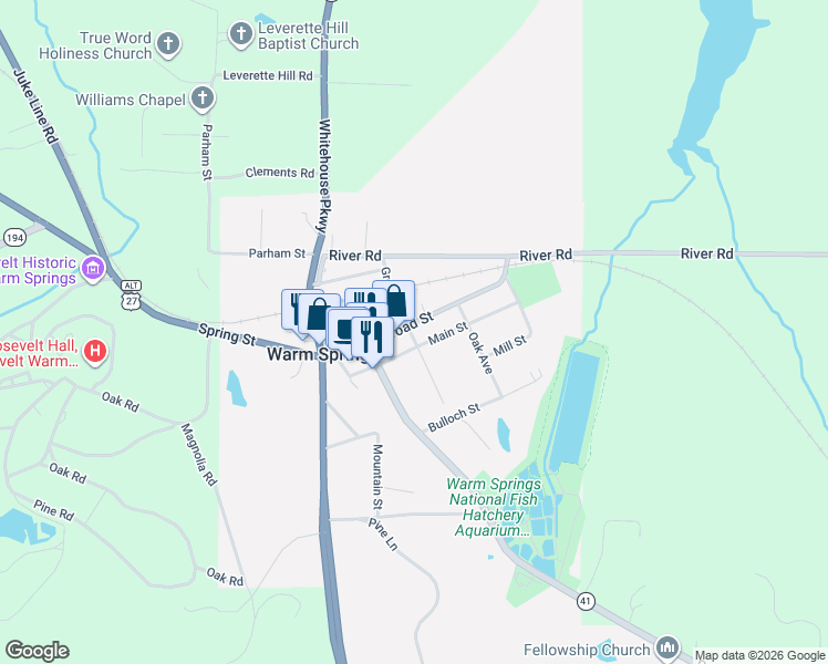 map of restaurants, bars, coffee shops, grocery stores, and more near 216 Broad Street in Warm Springs