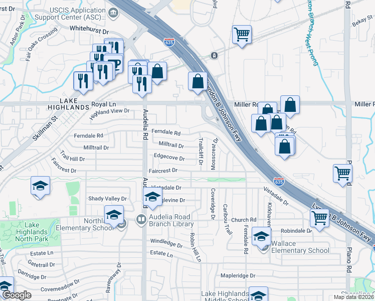 map of restaurants, bars, coffee shops, grocery stores, and more near 10029 Edgecove Drive in Dallas