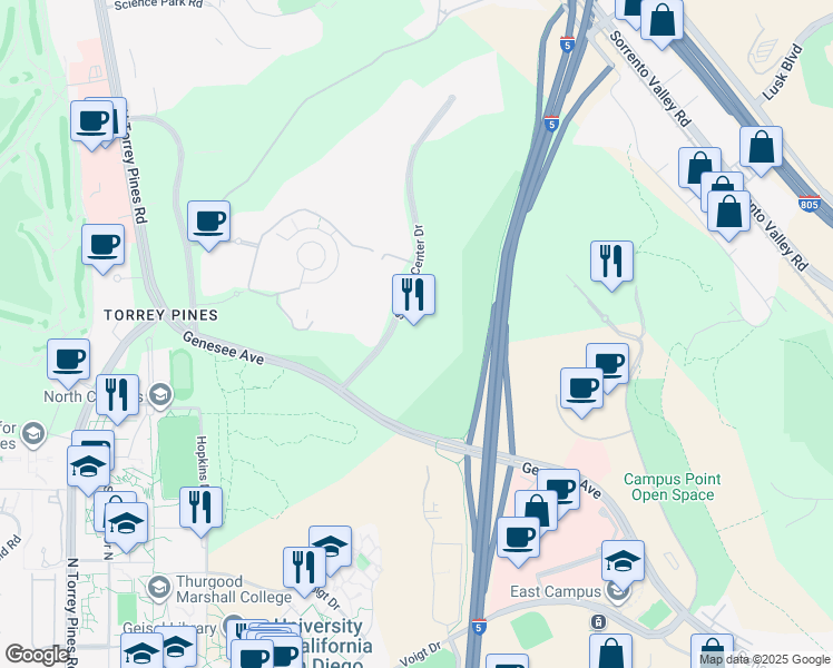 map of restaurants, bars, coffee shops, grocery stores, and more near 10275 Science Center Drive in San Diego