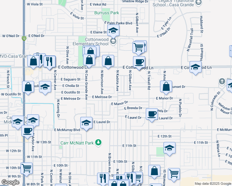 map of restaurants, bars, coffee shops, grocery stores, and more near 1511 North Kadota Avenue in Casa Grande