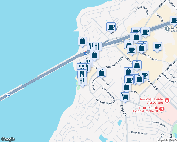 map of restaurants, bars, coffee shops, grocery stores, and more near 2125 Summer Lee Drive in Rockwall