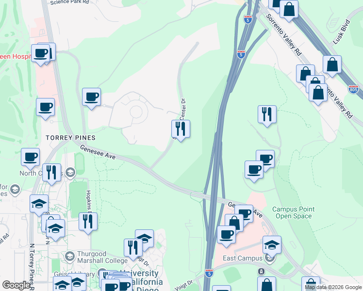 map of restaurants, bars, coffee shops, grocery stores, and more near 10265 Science Center Drive in San Diego