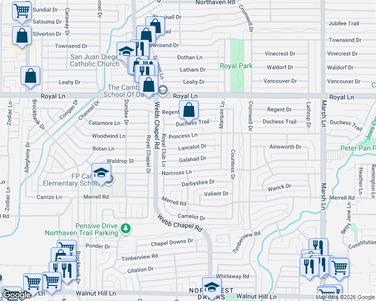 map of restaurants, bars, coffee shops, grocery stores, and more near 3316 Galahad Drive in Dallas