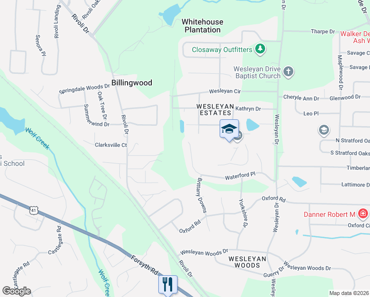 map of restaurants, bars, coffee shops, grocery stores, and more near 134 Waterford Place in Macon