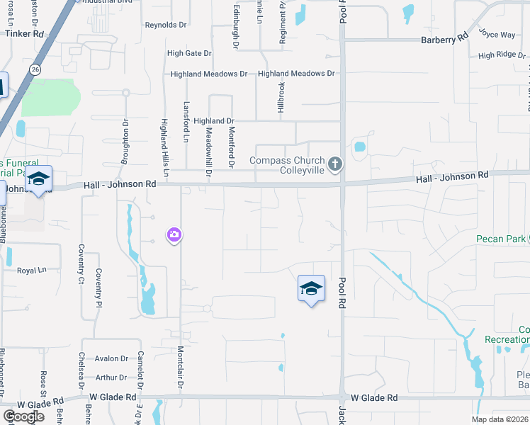 map of restaurants, bars, coffee shops, grocery stores, and more near 2402 Spruce Court in Colleyville