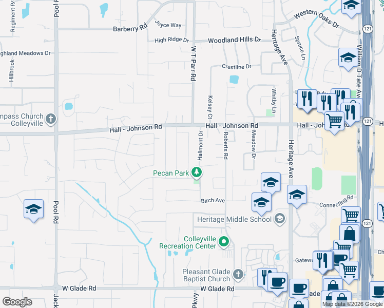 map of restaurants, bars, coffee shops, grocery stores, and more near 4154 Mapleridge Drive in Grapevine