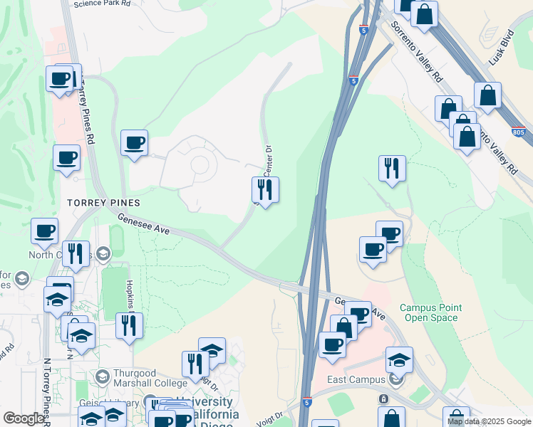 map of restaurants, bars, coffee shops, grocery stores, and more near 10275 Science Center Drive in San Diego