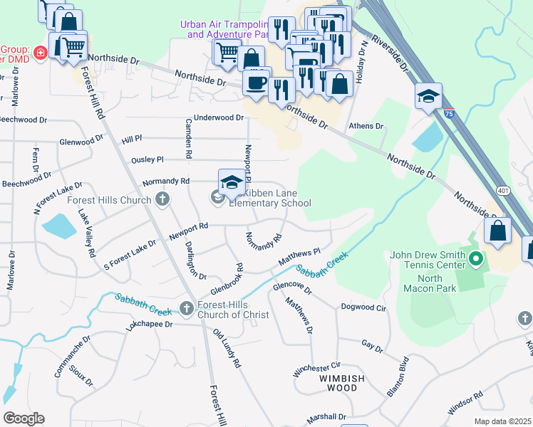 map of restaurants, bars, coffee shops, grocery stores, and more near 1046 Newport Road in Macon