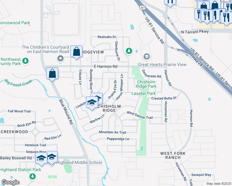 map of restaurants, bars, coffee shops, grocery stores, and more near 8448 Prairie Fire Drive in Fort Worth