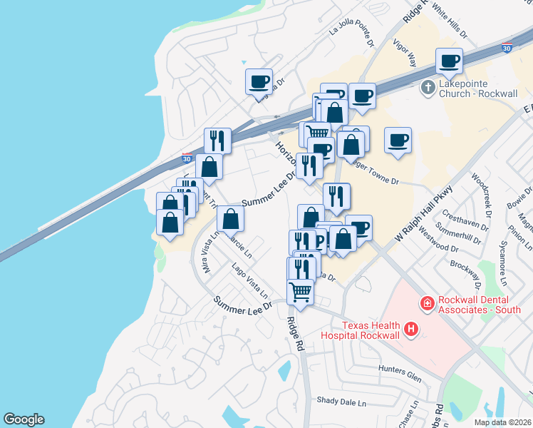 map of restaurants, bars, coffee shops, grocery stores, and more near 1523 Parkside Circle in Rockwall