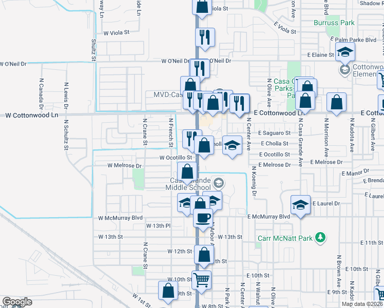 map of restaurants, bars, coffee shops, grocery stores, and more near 1451 North Pinal Avenue in Casa Grande