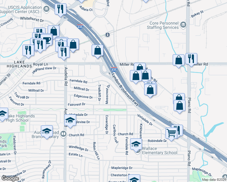 map of restaurants, bars, coffee shops, grocery stores, and more near 10626 Ferndale Road in Dallas