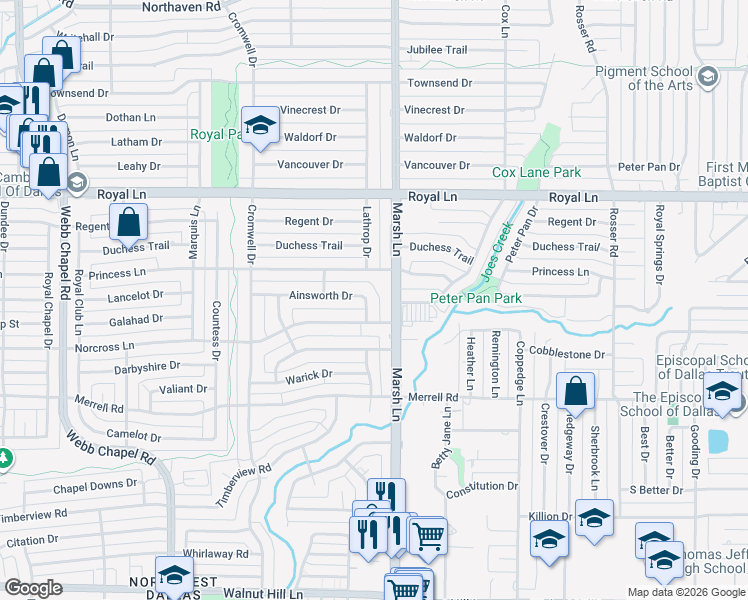 map of restaurants, bars, coffee shops, grocery stores, and more near 3666 Princess Lane in Dallas