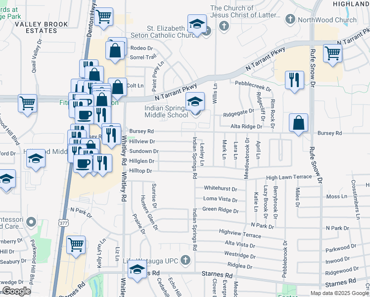 map of restaurants, bars, coffee shops, grocery stores, and more near 6045 Sundown Drive in Watauga