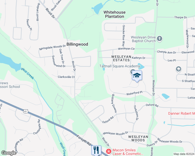 map of restaurants, bars, coffee shops, grocery stores, and more near 5127 Rivoli Drive in Macon