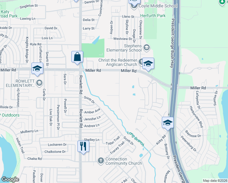 map of restaurants, bars, coffee shops, grocery stores, and more near 3305 Weems Way in Rowlett