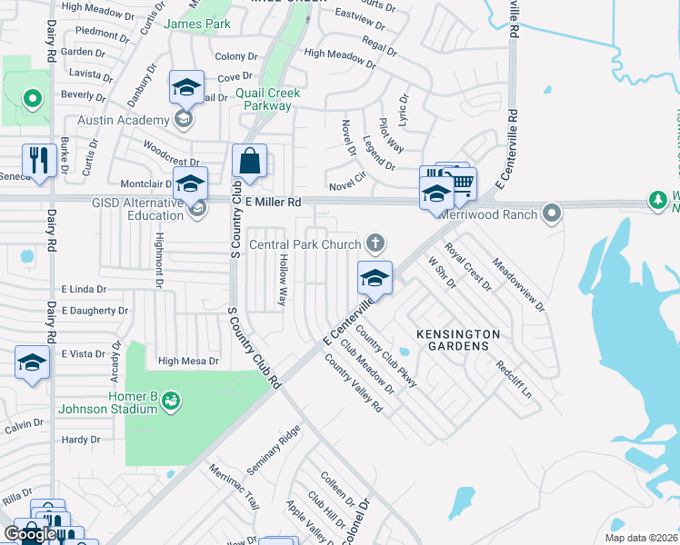 map of restaurants, bars, coffee shops, grocery stores, and more near 2310 Club Meadow Drive in Garland
