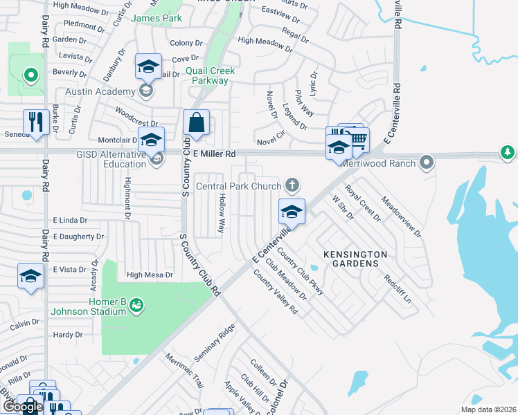 map of restaurants, bars, coffee shops, grocery stores, and more near 2310 Club Meadow Drive in Garland