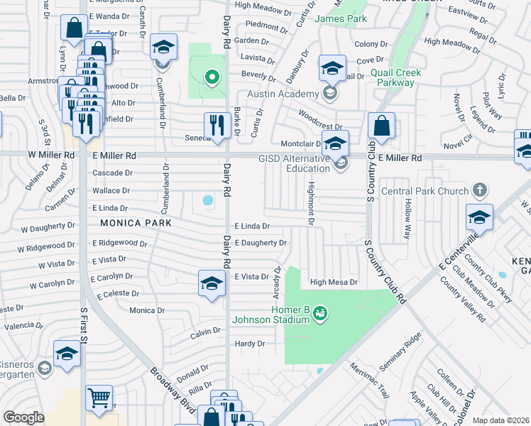 map of restaurants, bars, coffee shops, grocery stores, and more near 2122 Highwood Drive in Garland