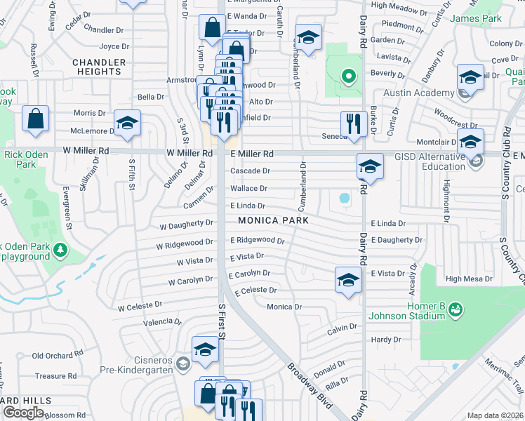 map of restaurants, bars, coffee shops, grocery stores, and more near 218 Wallace Drive in Garland