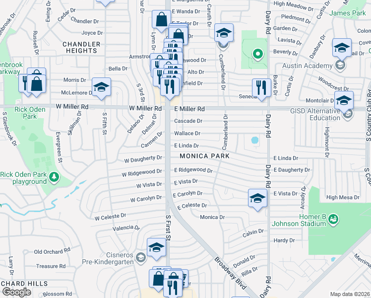 map of restaurants, bars, coffee shops, grocery stores, and more near 116 Wallace Drive in Garland