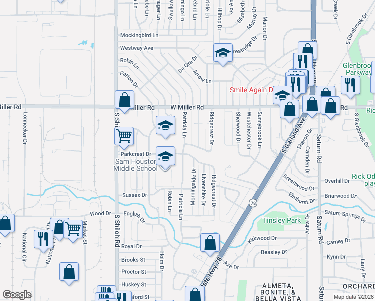 map of restaurants, bars, coffee shops, grocery stores, and more near 2117 Patricia Lane in Garland
